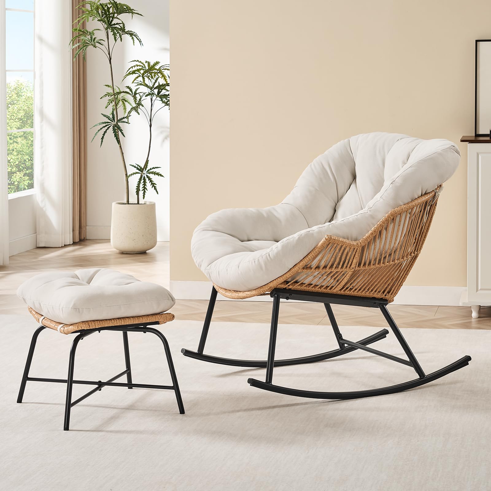 Outdoor Furniture Grey - Grauer Rattan-Papasan-Schaukelstuhl mit Hocker, Übergroßer Wicker-Ei-Sessel