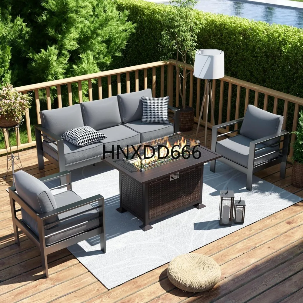 Outdoor Furniture Fire Pit Set - Gartenmöbel-Set mit Feuerstelle, 6-teiliges Aluminium-Outdoor-Sofa-Set aus