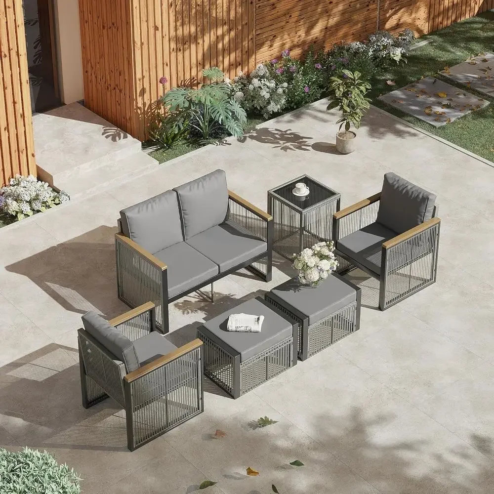 Outdoor Furniture Grey - 6-teiliges graues Gartenmöbel-Set mit Hockern, Couchtisch