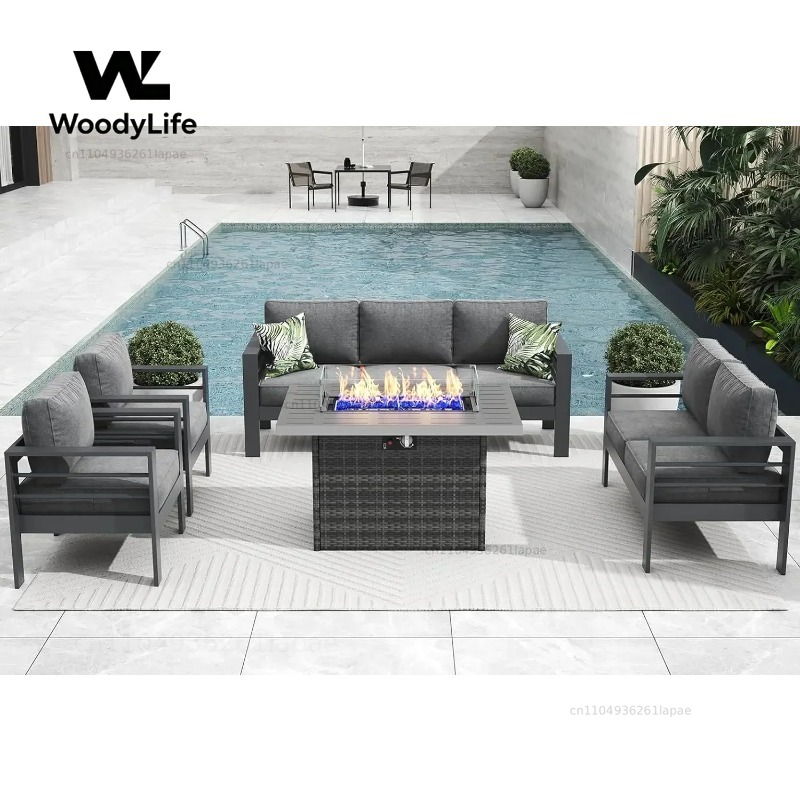 Outdoor Furniture Fire Pit Set - L5-teiliges modernes Aluminium-Gartenmöbel-Set mit Feuertisch, Outdoor-Sitzgruppe,