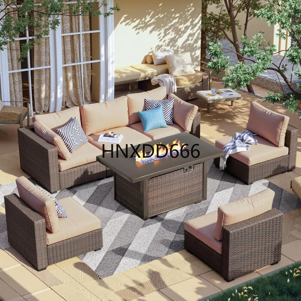 Outdoor Furniture Fire Pit Set - 7-teiliges Gartenmöbel-Set mit Feuerstelle, Outdoor-Sofa-Garnitur mit