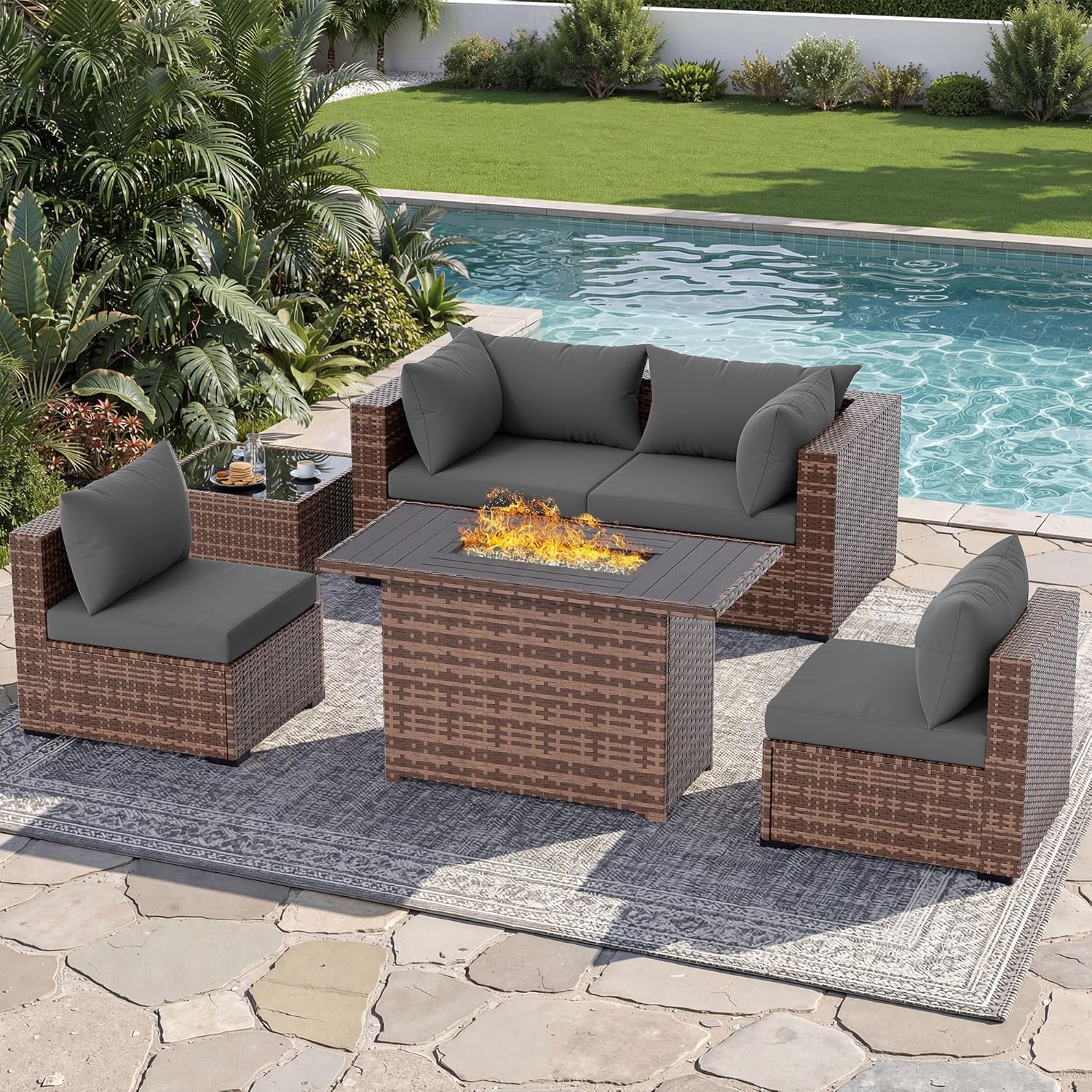 Outdoor Furniture Fire Pit Set - 5-teiliges Outdoor-Sofa-Set mit Feuertisch, Allwetter-Rattan-Gartenmöbel für