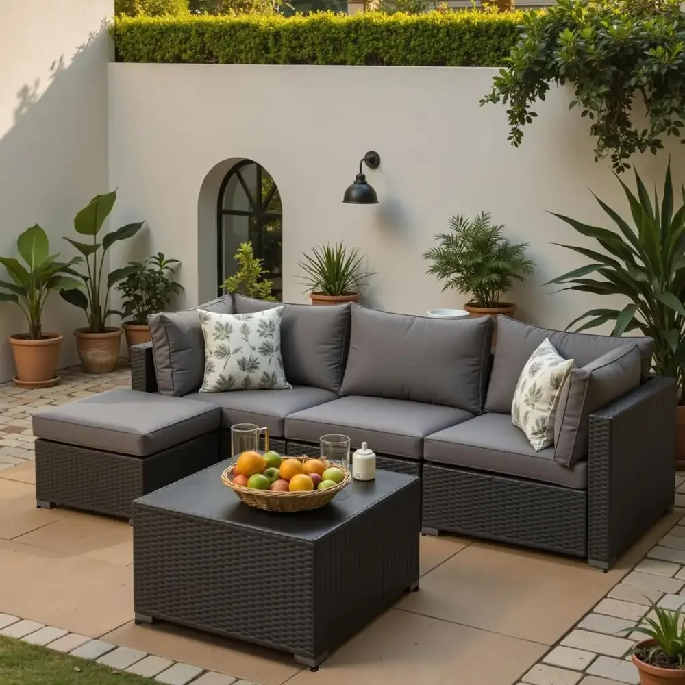 Outdoor Furniture Grey - 5-teiliges Outdoor-Sitzgruppen-Set mit Ottoman, grauem Polyrattan,