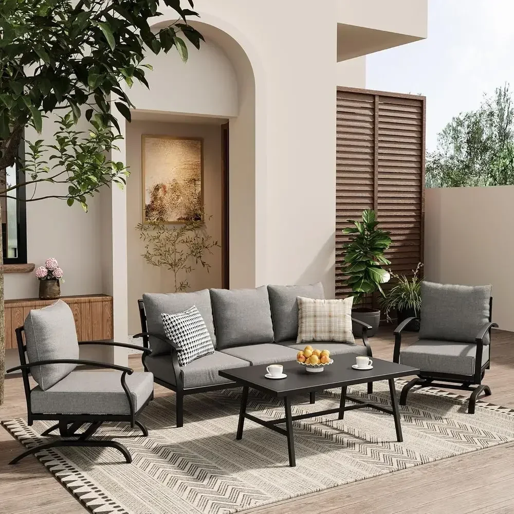 Outdoor Furniture Grey - Graues Outdoor-Metall-Gartenmöbelset mit Kaffeetisch und Schaukelstühlen