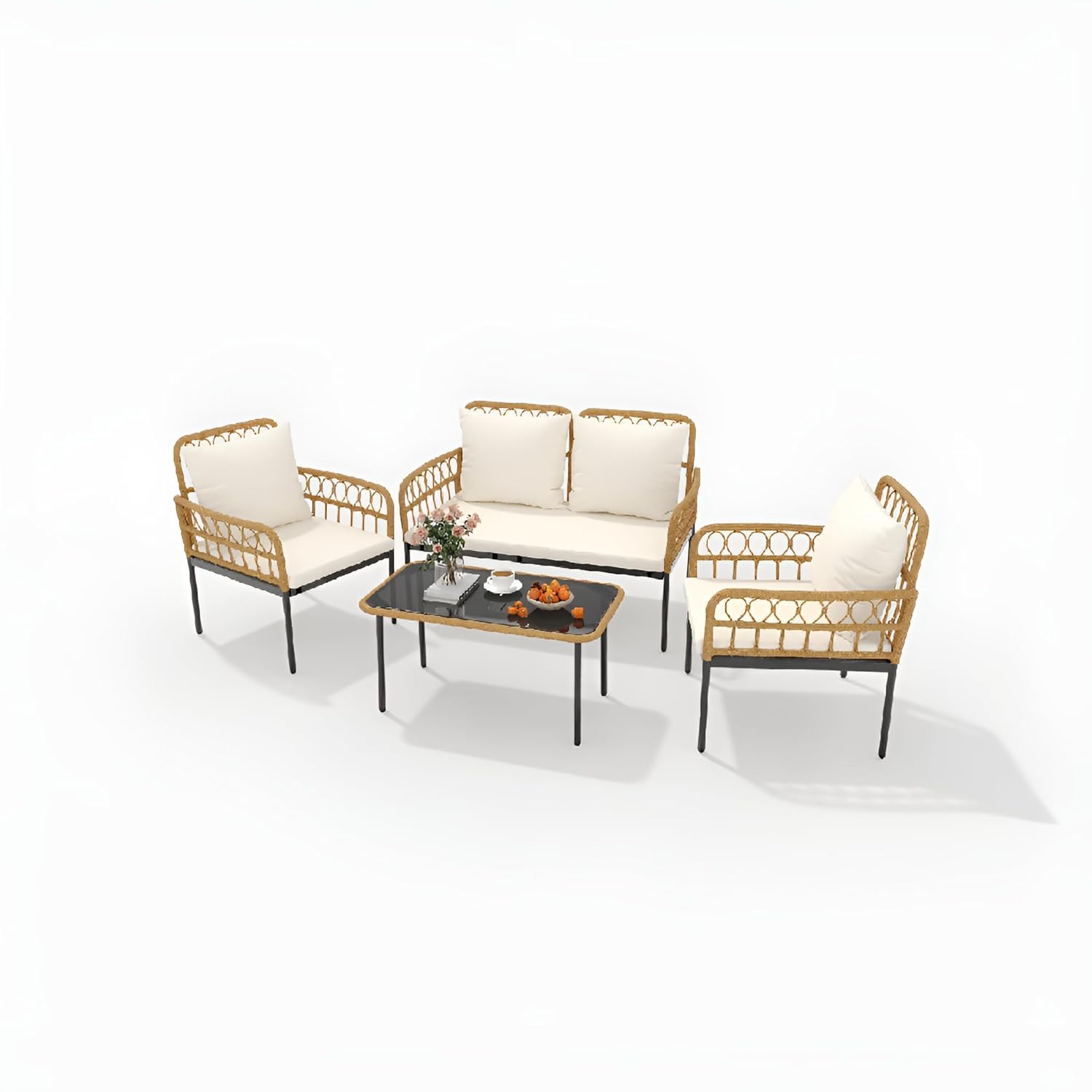 Outdoor Furniture Ofo - 4-teiliges Gartenmöbel-Set, Outdoor-Rattan-Bistro-Set mit Glastisch und