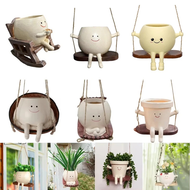 Garden Swing Chair - Kreativer Schaukelstuhl/Schaukel-Pflanzgefäß für Sukkulenten, niedliche Harz-Kopf-Pflanzgefäße