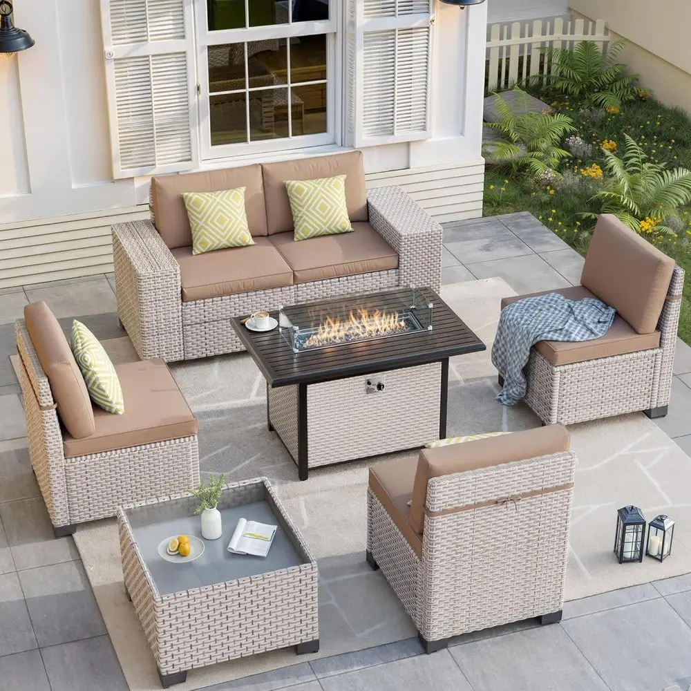 Outdoor Furniture Fire Pit Set - 7-teiliges Outdoor-Terrassenmöbel-Set mit Feuerstelle, Ecksofa mit