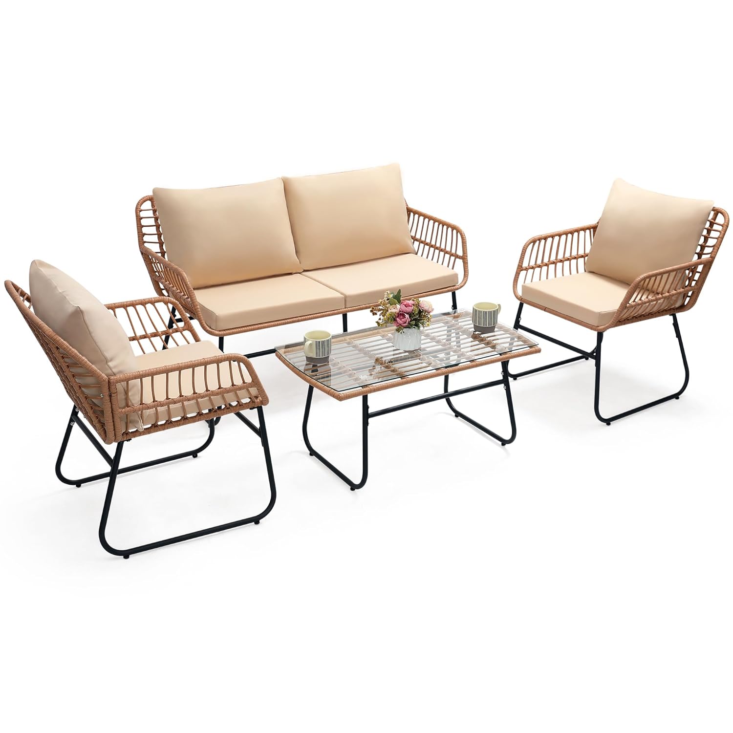 Outdoor Furniture Ofo - o*-4-teiliges Patio-Bistro-Gartenmöbel-Set, Sofa aus Korbgeflecht, 2