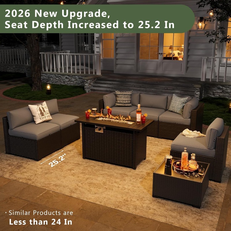 Outdoor Furniture Fire Pit Set - Aoxun 8-teiliges Gartenmöbel-Set mit 44-Zoll-Feuerstelle, Rattan-Gartensofa,