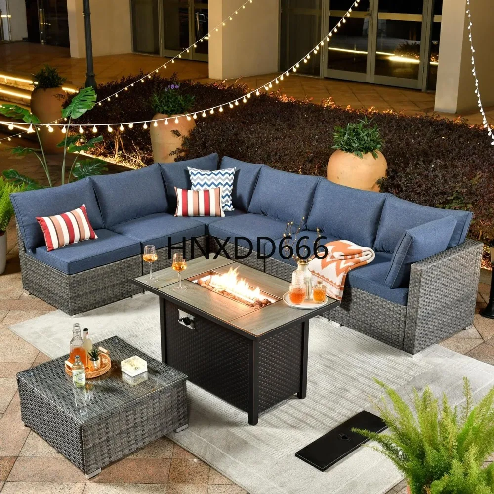 Outdoor Furniture Fire Pit Set - 8-teiliges Gartenmöbel-Set mit Feuerstelle, Sektionssofa aus