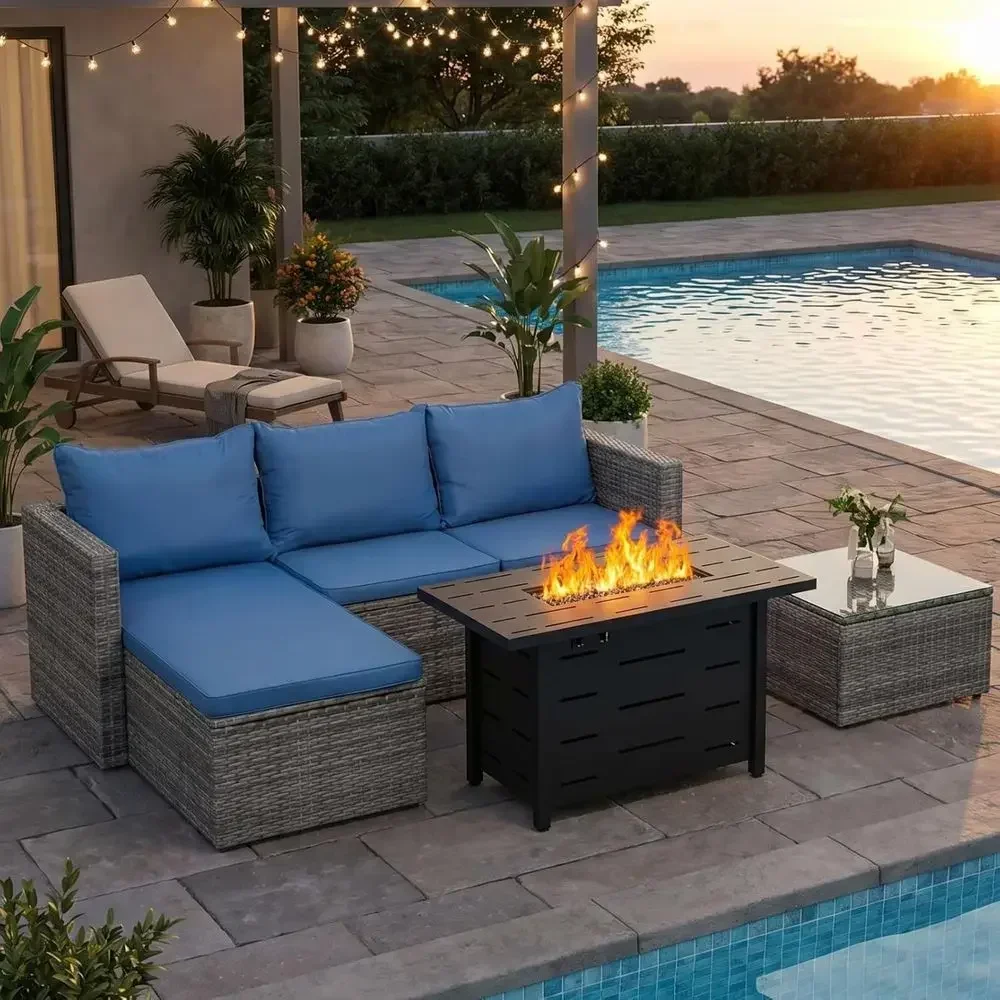 Outdoor Furniture Fire Pit Set - 4-teiliges Outdoor-Rattan-Gartenmöbelset mit 43-Zoll-Propan-Feuerstelle, blauen Kissen